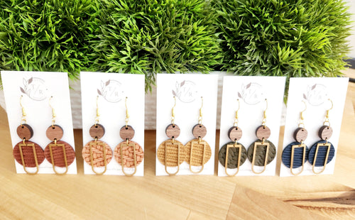 Blake| Leather circle earrings with wood and brass