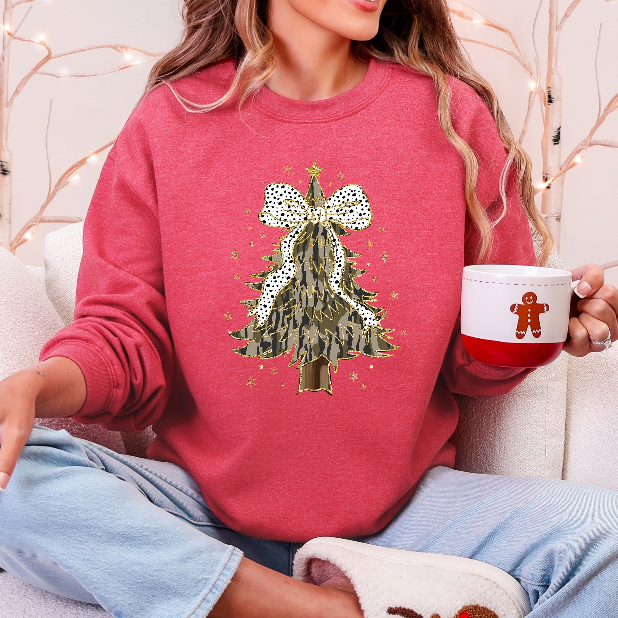 Christmas Camo Tree, Ribbon, Bows, Santa Sweatshirt