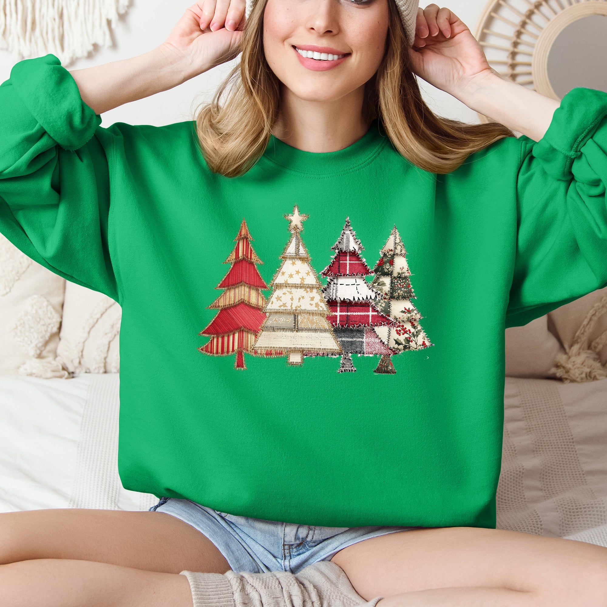 Christmas Trees, Faux Quilt, Santa, Traditional Sweatshirt