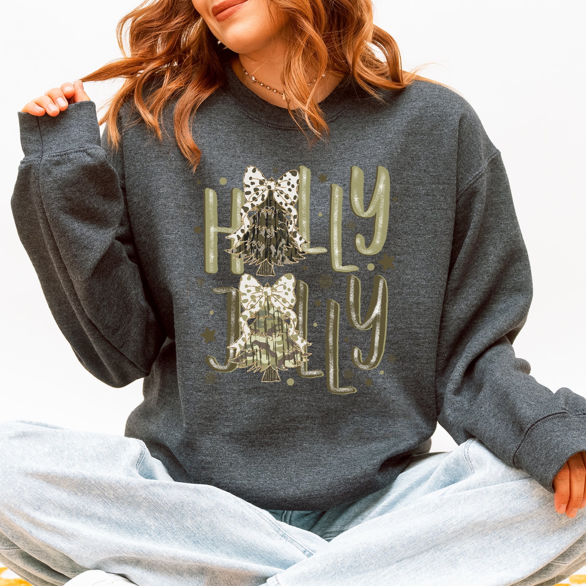 Holly Jolly, Camo Christmas Tree, Santa, Dalmatian Print, Ribbons, Bows Sweatshirt
