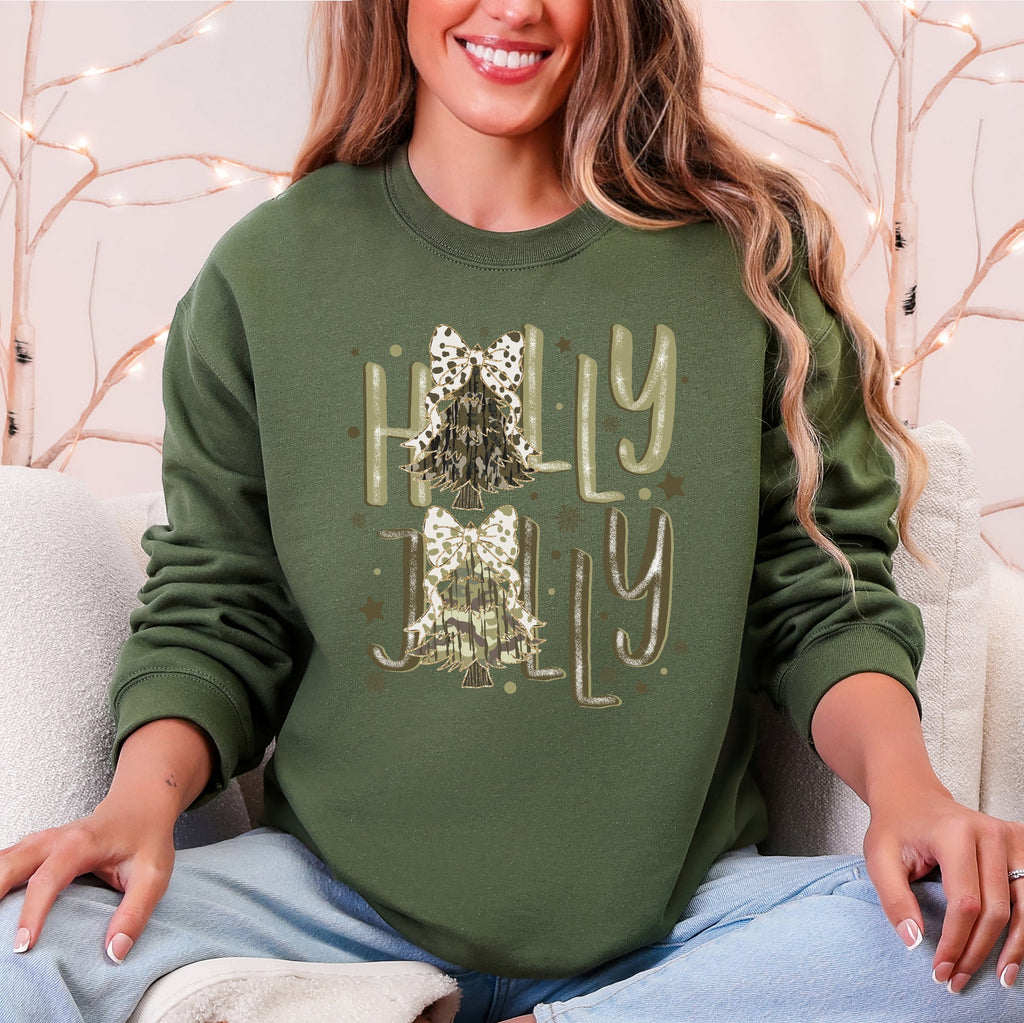 Holly Jolly, Camo Christmas Tree, Santa, Dalmatian Print, Ribbons, Bows Sweatshirt