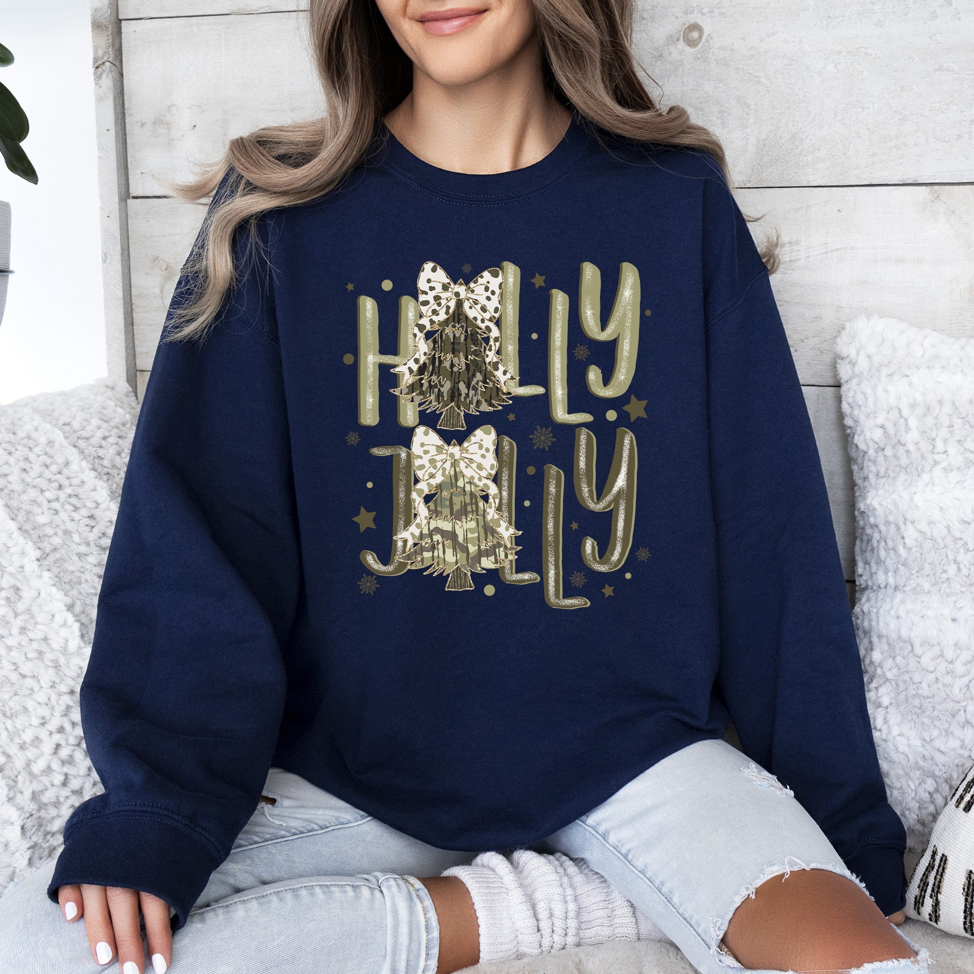 Holly Jolly, Camo Christmas Tree, Santa, Dalmatian Print, Ribbons, Bows Sweatshirt