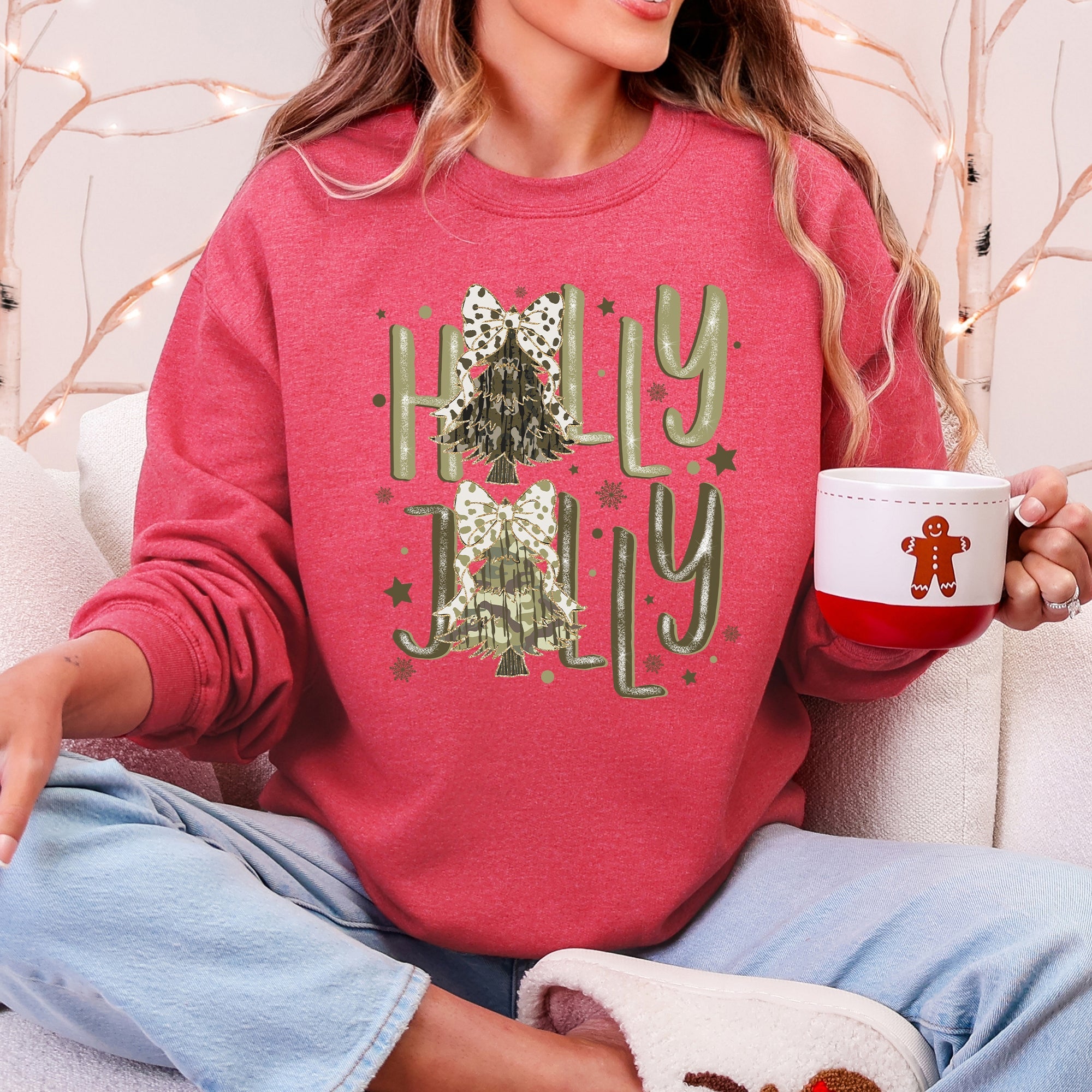 Holly Jolly, Camo Christmas Tree, Santa, Dalmatian Print, Ribbons, Bows Sweatshirt