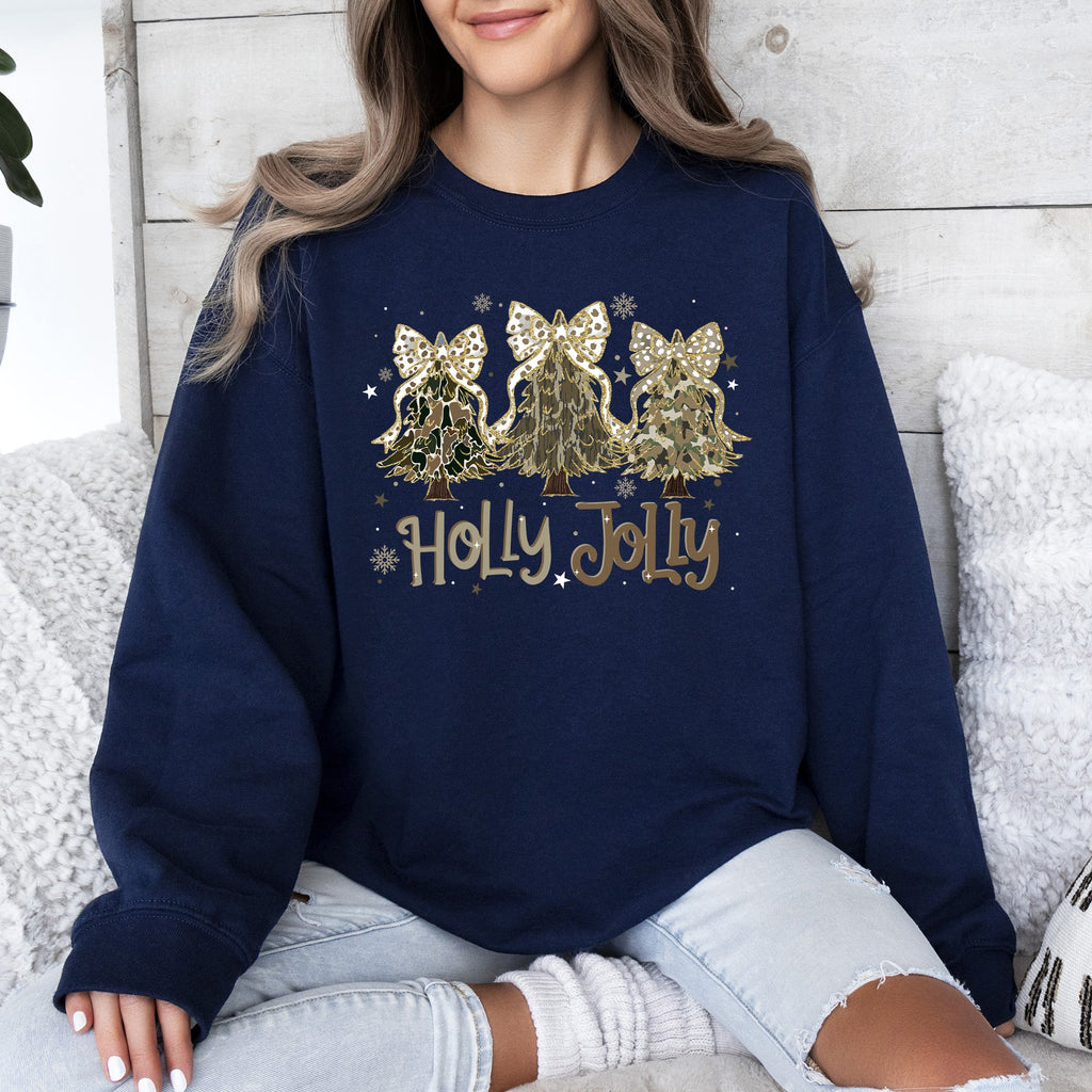 Holly Jolly, Camo Christmas Tree, Santa, Ribbons, Bows Sweatshirt