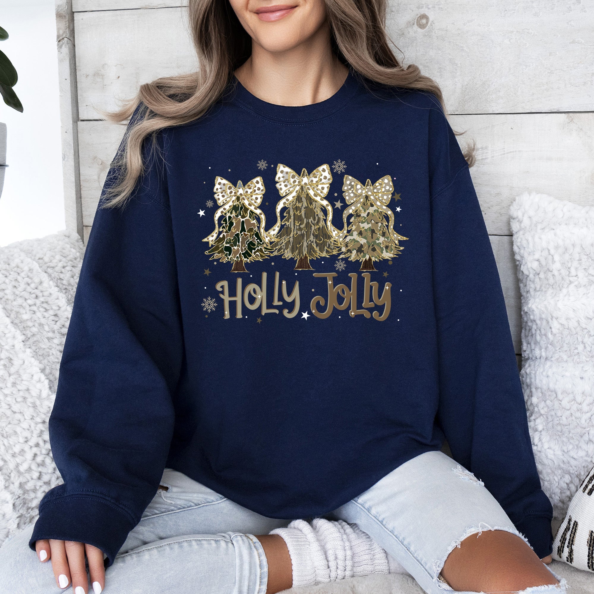 Holly Jolly, Camo Christmas Tree, Santa, Ribbons, Bows Sweatshirt