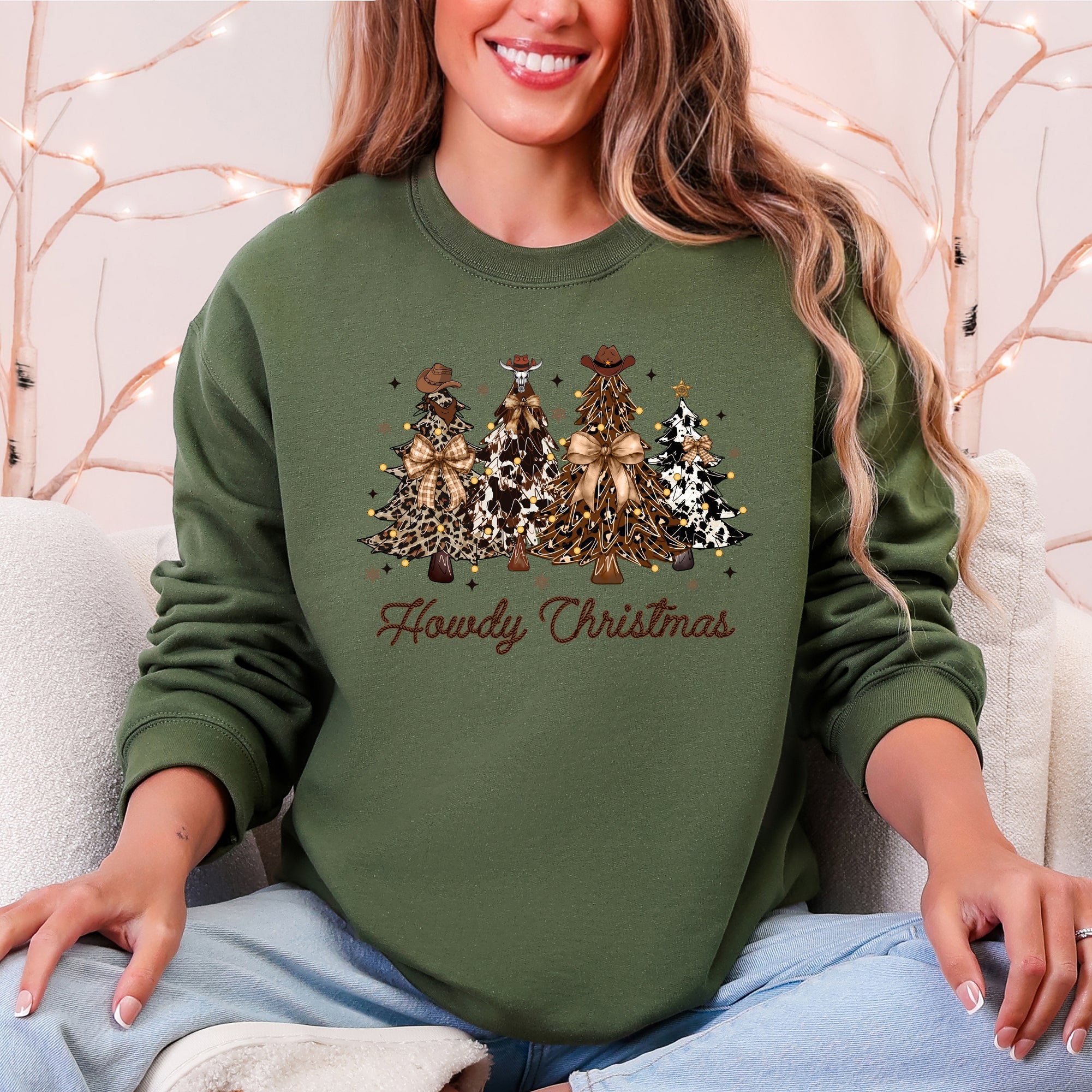 Howdy Christmas, Western, Country, Santa, Christmas Trees Sweatshirt