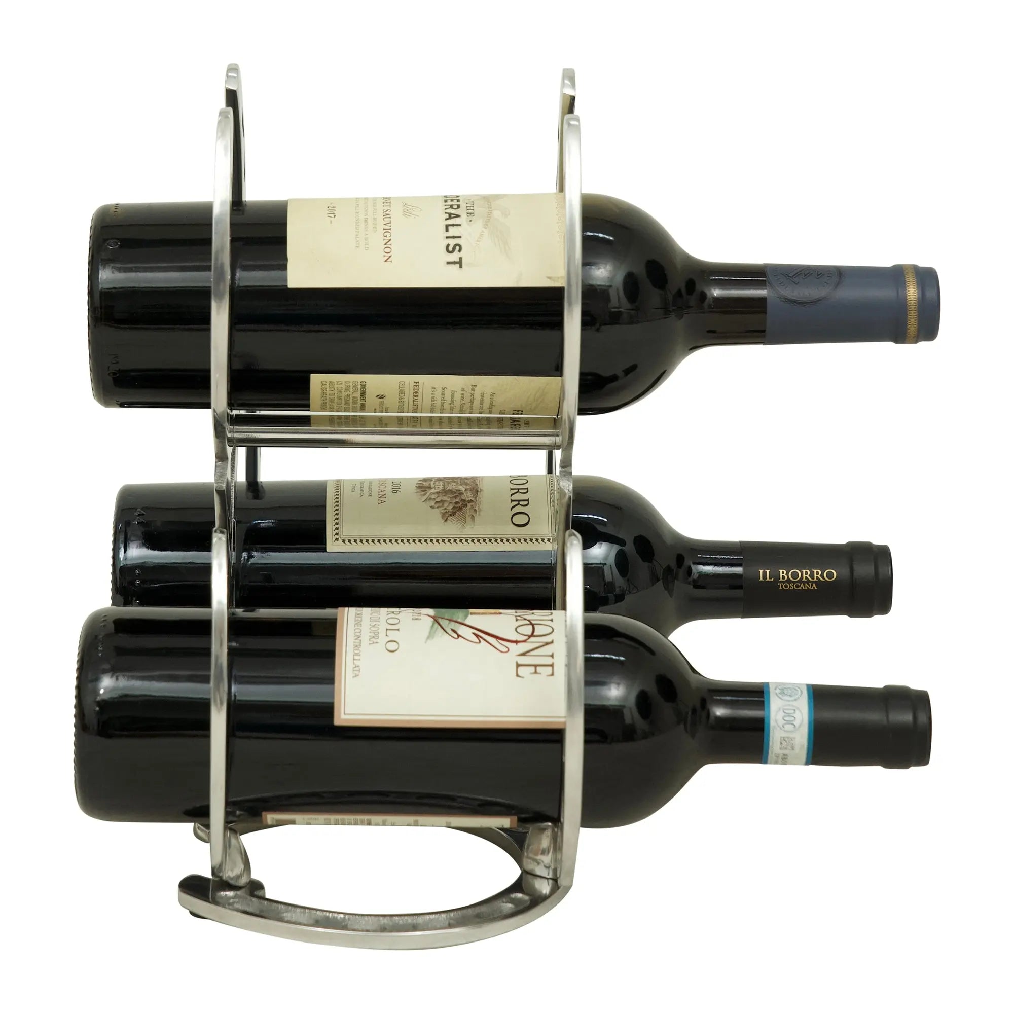 Huntley Horseshoe 3-Bottle Wine Rack, Aluminum Silver Finish