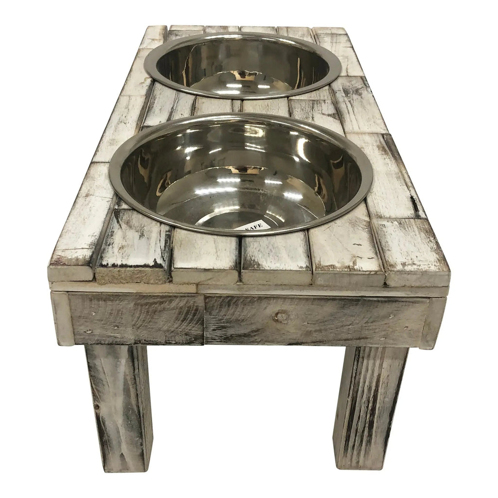 Huntley Pet Berjen Table Elevated Double Bowl Pet Feeder, White Wash