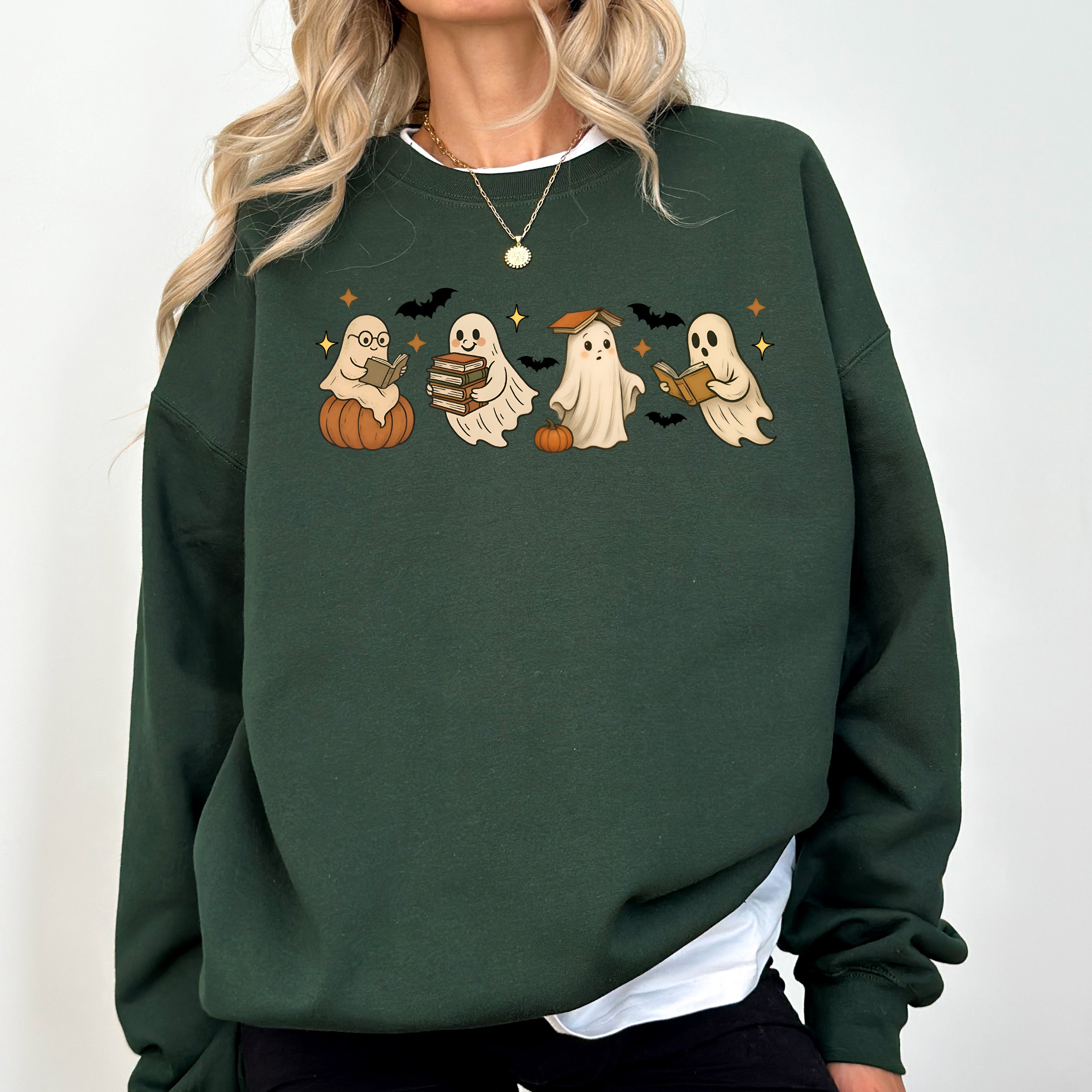 Reading Mini Ghosts, Book Lover, Halloween, Retro, Vintage, Spooky, Costume, Fall, Graphic Sweatshirt