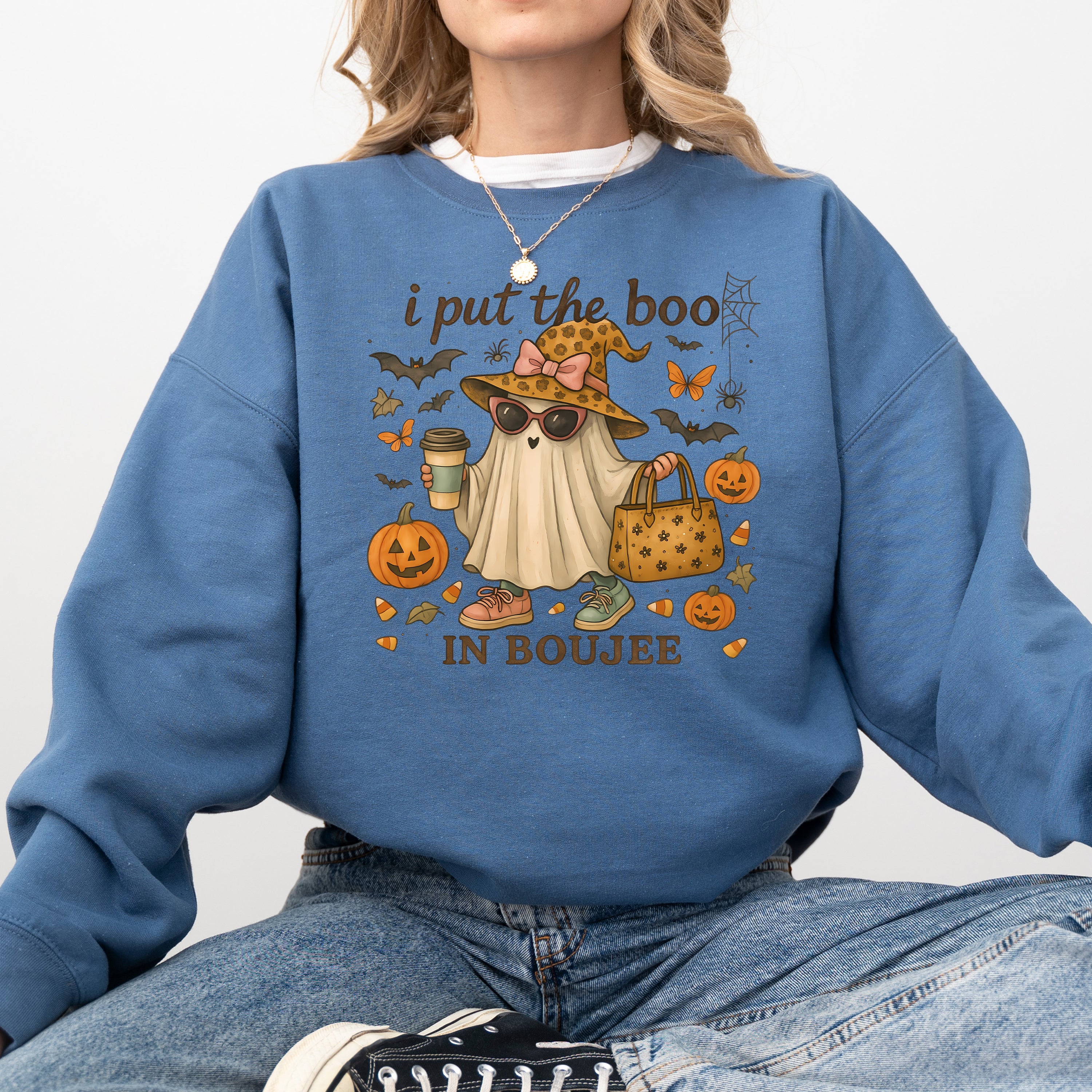 Boujee Ghost, Fancy, Halloween, Vintage, Pumpkin, Retro, Spooky, Costume, Fall, Graphic Sweatshirt
