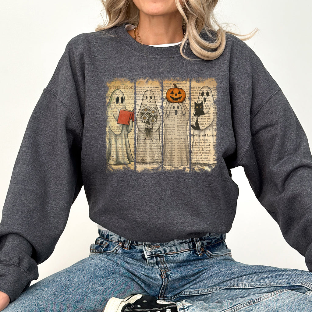 Vintage Newspaper Ghost, Halloween, Book, Cat, Western, Pumpkin, Retro, Spooky, Costume, Fall, Graphic Sweatshirt