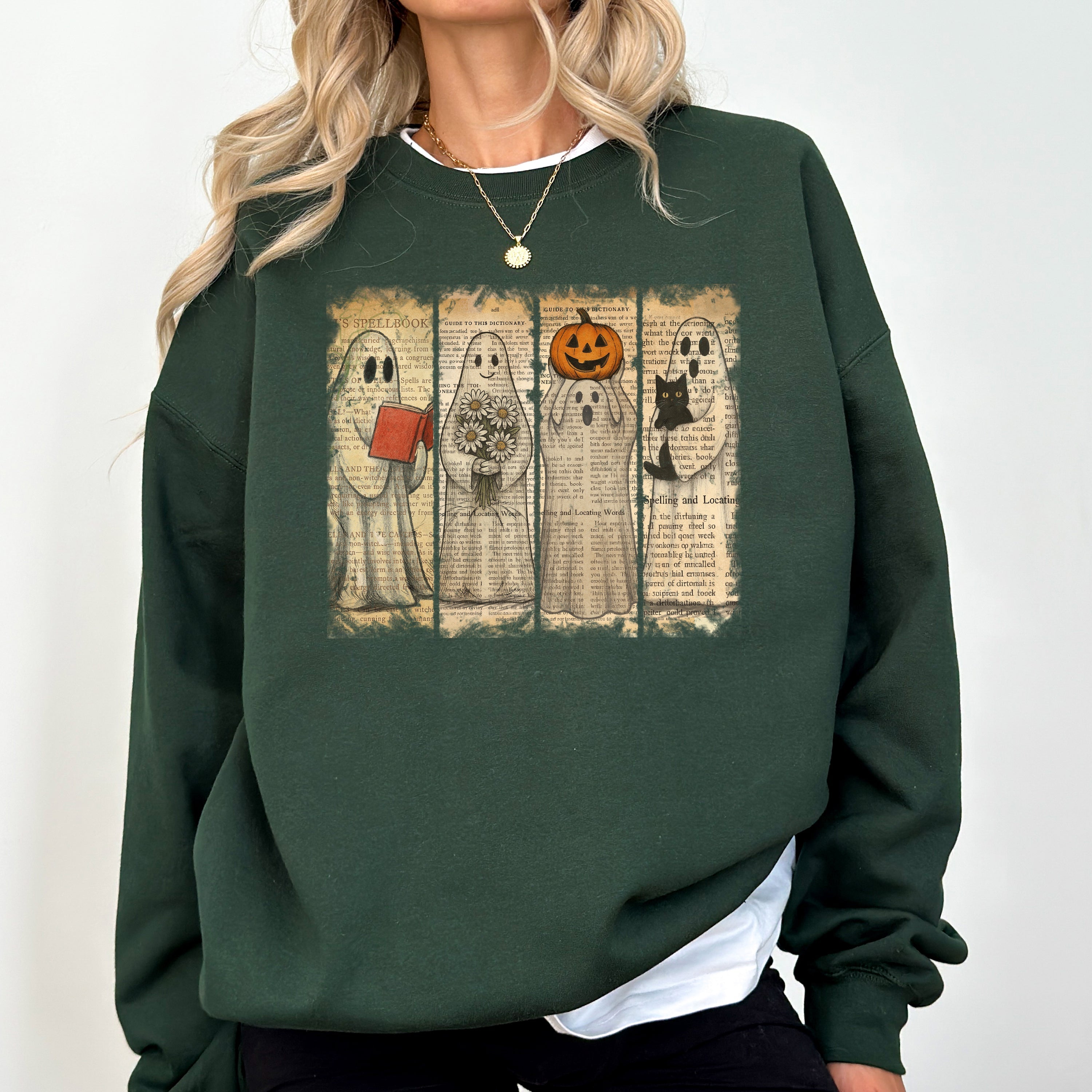 Vintage Newspaper Ghost, Halloween, Book, Cat, Western, Pumpkin, Retro, Spooky, Costume, Fall, Graphic Sweatshirt