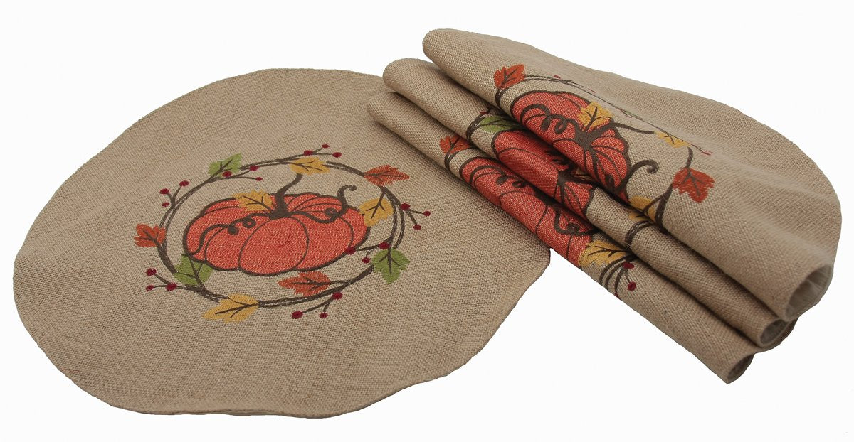 ML16351 Rustic Pumpkin Wreath Round Placemats, Set of 4