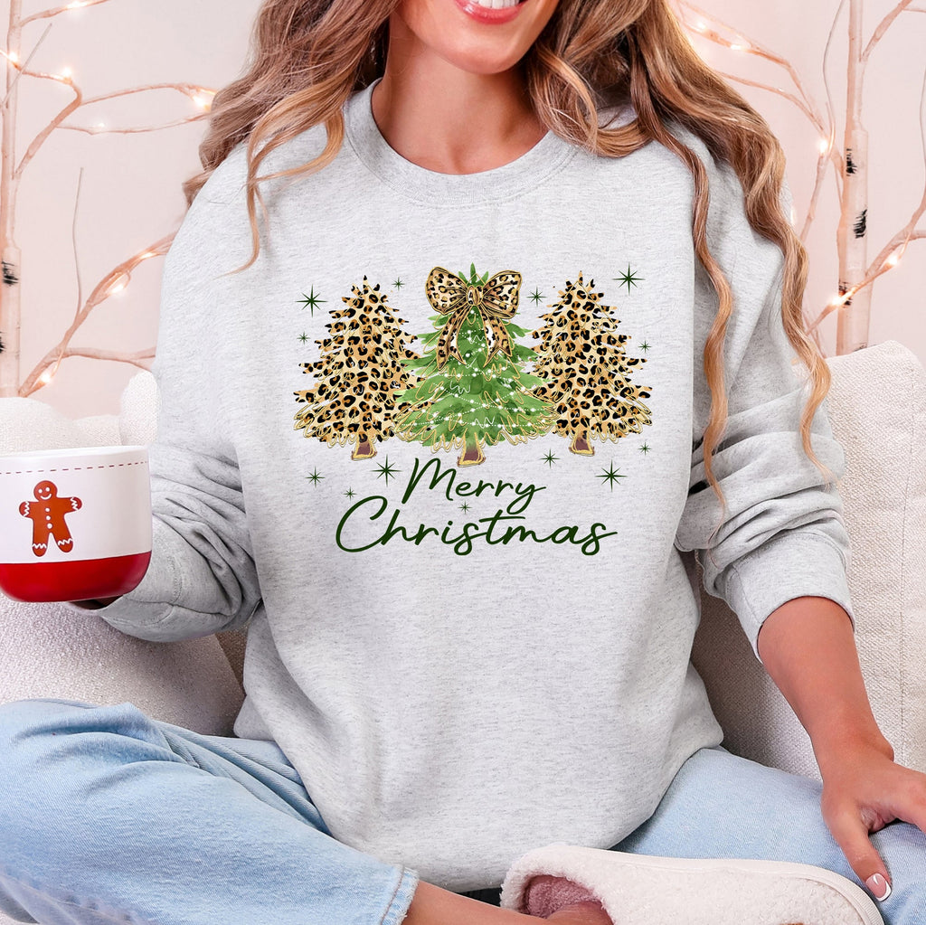 Merry Christmas, Leopard Print, Cheetah Christmas Trees Sweatshirt