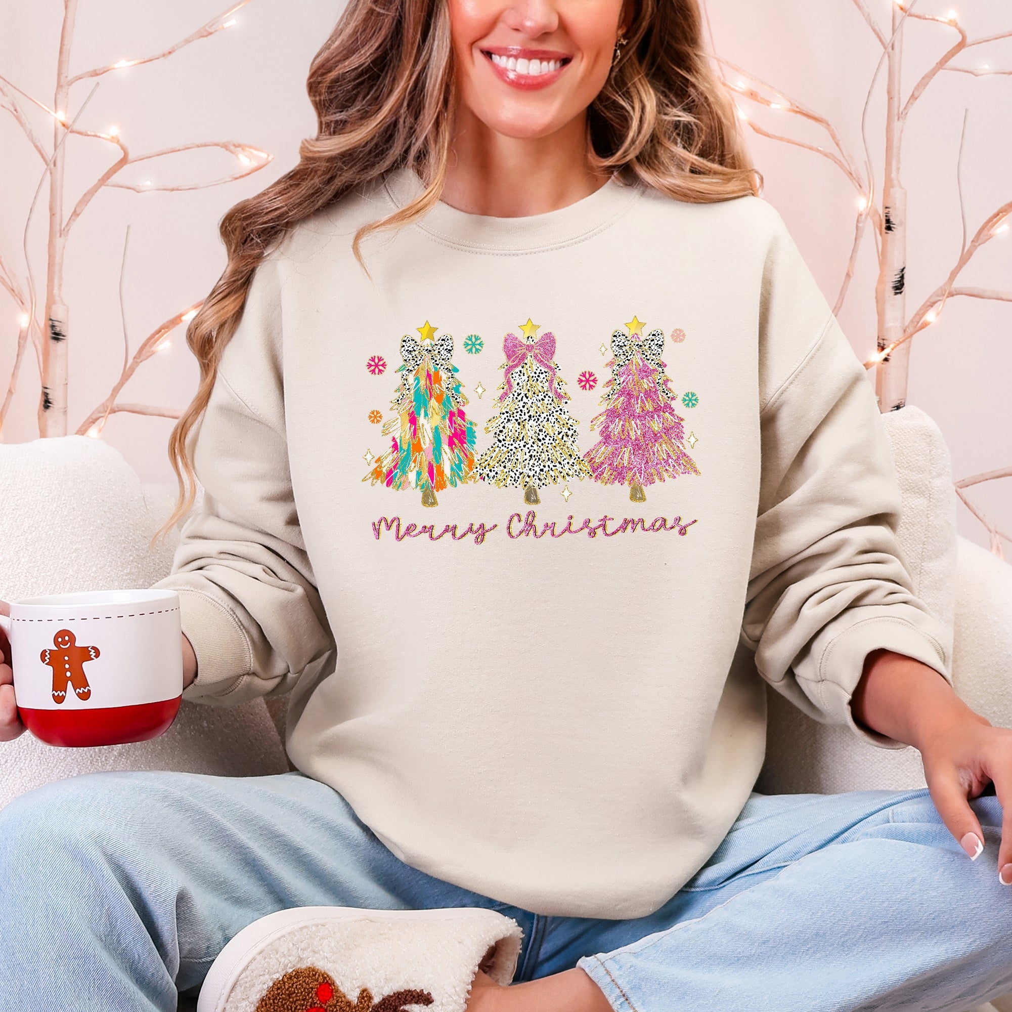 Merry Christmas, Pastel Christmas Trees, Santa, Colorful, Painting, Colorful Sweatshirt