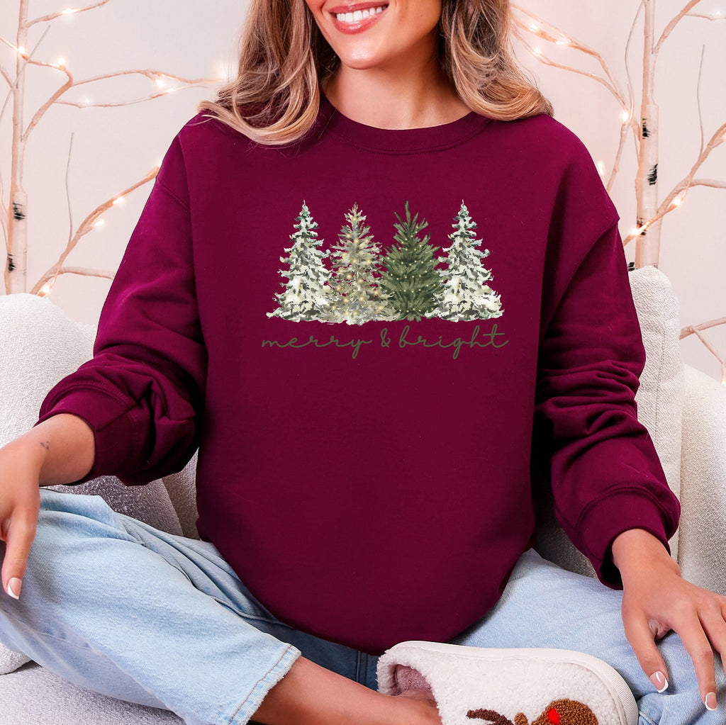 Merry and Bright, Christmas Trees, Santa, Snowflakes Sweatshirt