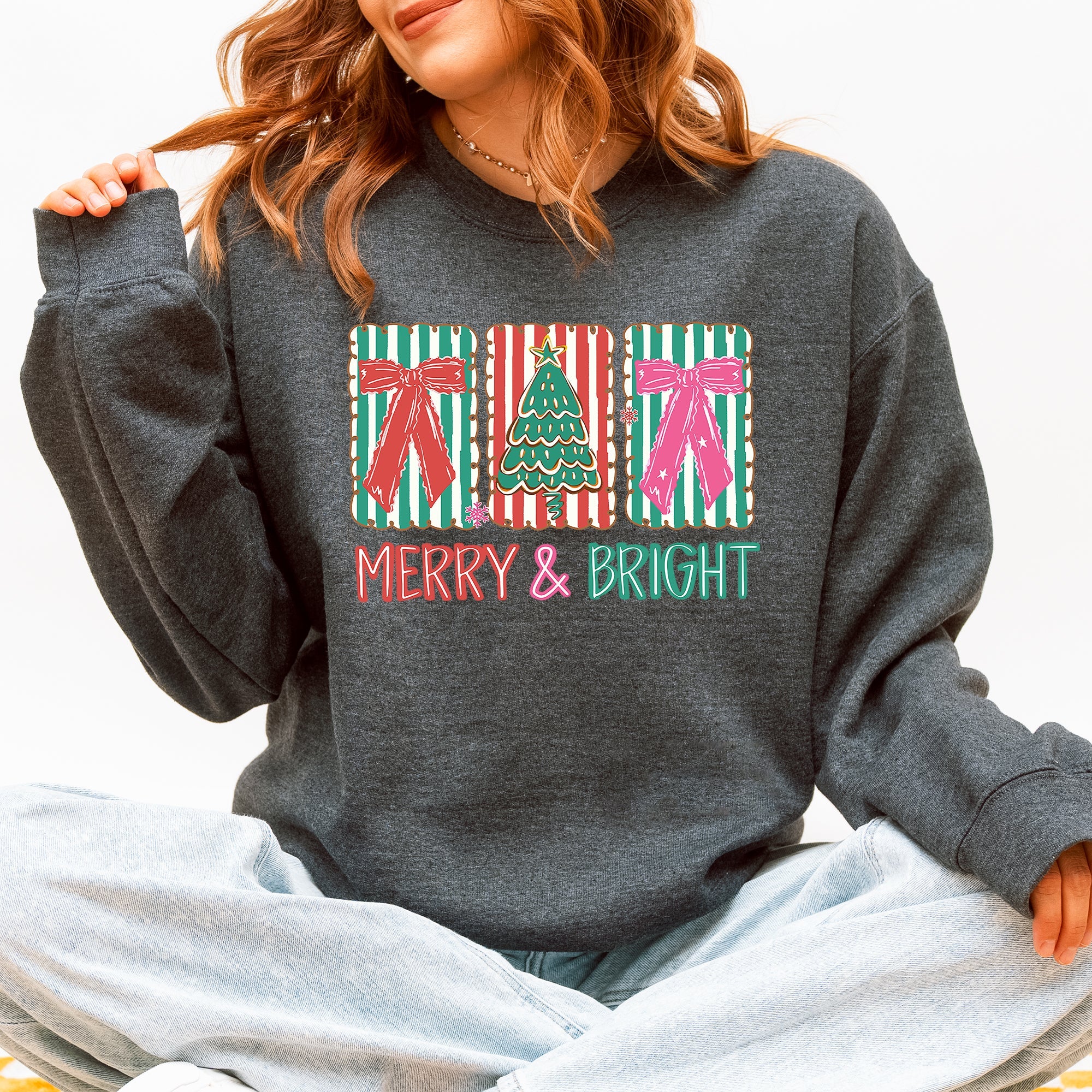 Merry and Bright, Pattern Blocks, Christmas Tree, Ribbon, Bows, Santa Sweatshirt