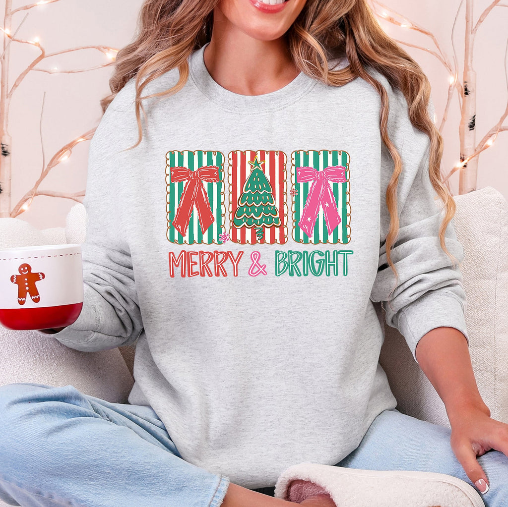 Merry and Bright, Pattern Blocks, Christmas Tree, Ribbon, Bows, Santa Sweatshirt