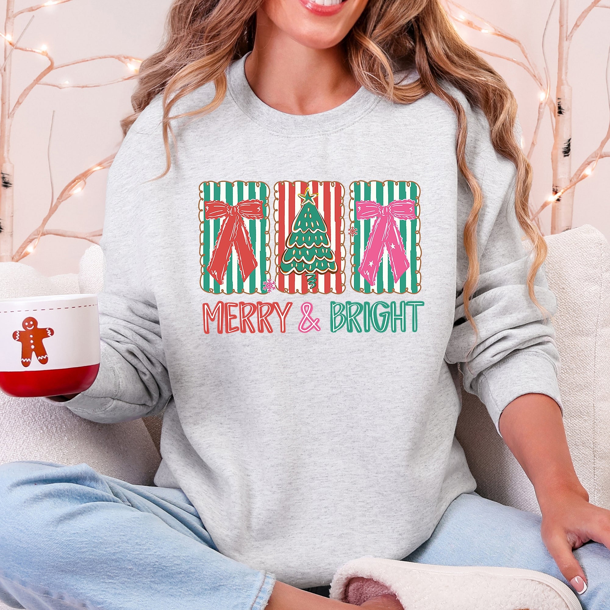 Merry and Bright, Pattern Blocks, Christmas Tree, Ribbon, Bows, Santa Sweatshirt