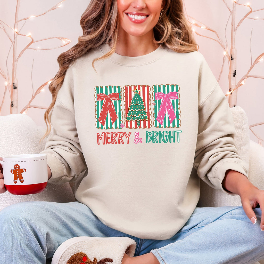 Merry and Bright, Pattern Blocks, Christmas Tree, Ribbon, Bows, Santa Sweatshirt