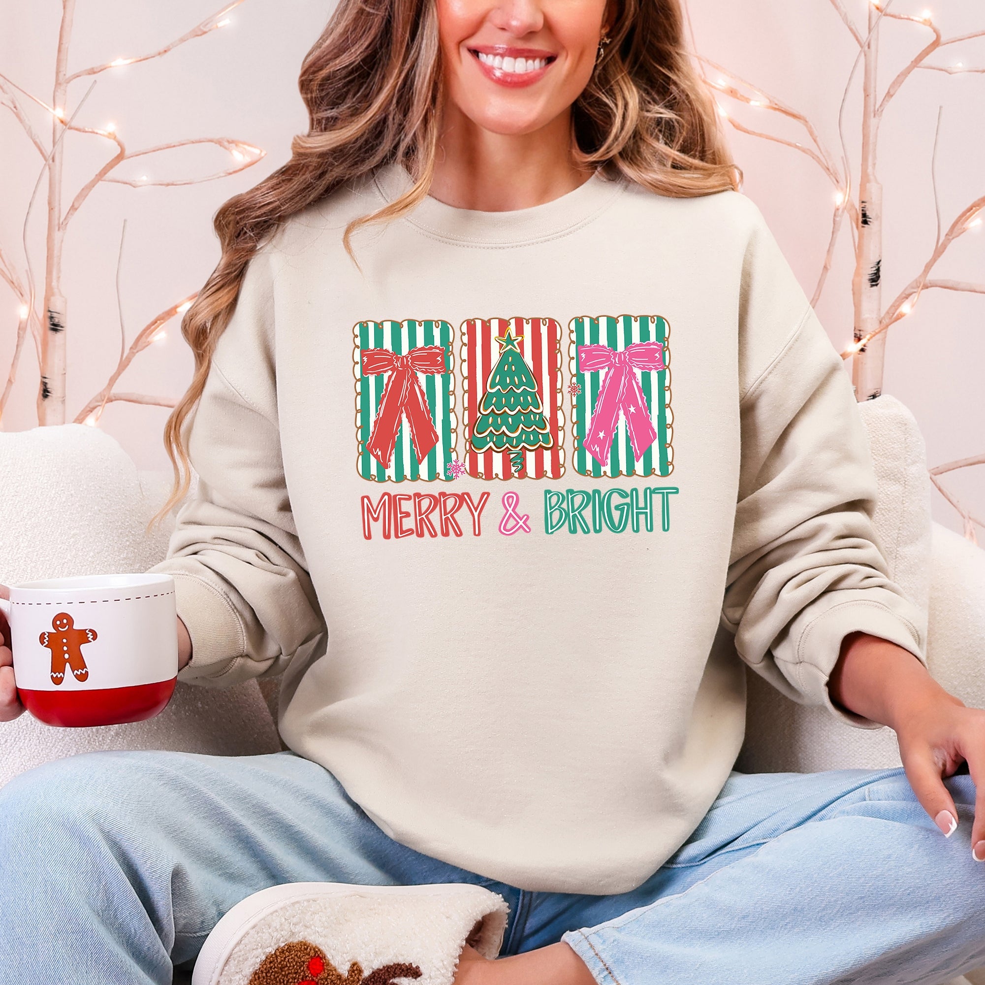 Merry and Bright, Pattern Blocks, Christmas Tree, Ribbon, Bows, Santa Sweatshirt