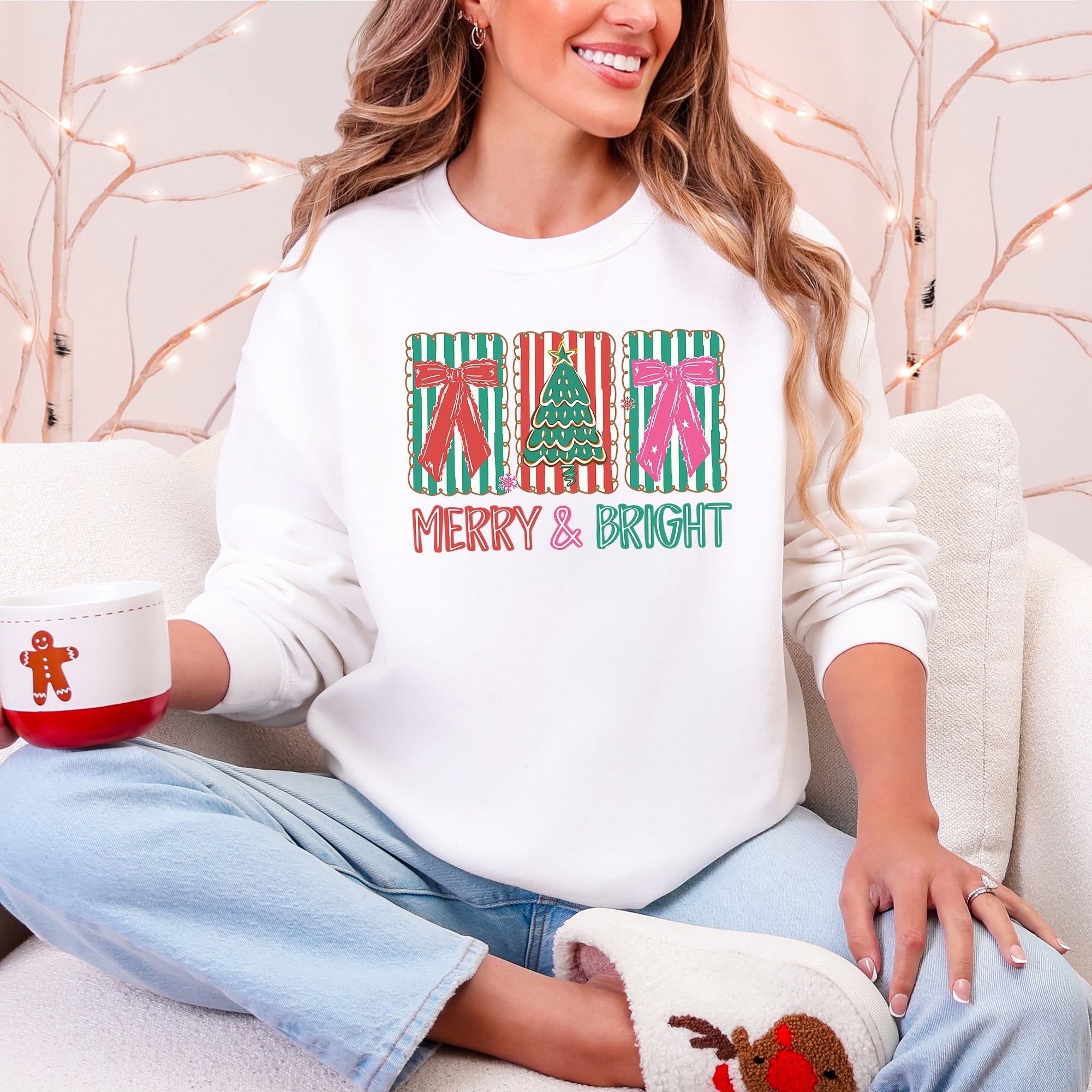 Merry and Bright, Pattern Blocks, Christmas Tree, Ribbon, Bows, Santa Sweatshirt