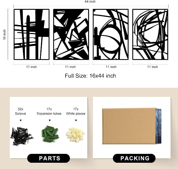 Black Metal Abstract Wall Art 4- Piece | Modern Minimalist Home Decor