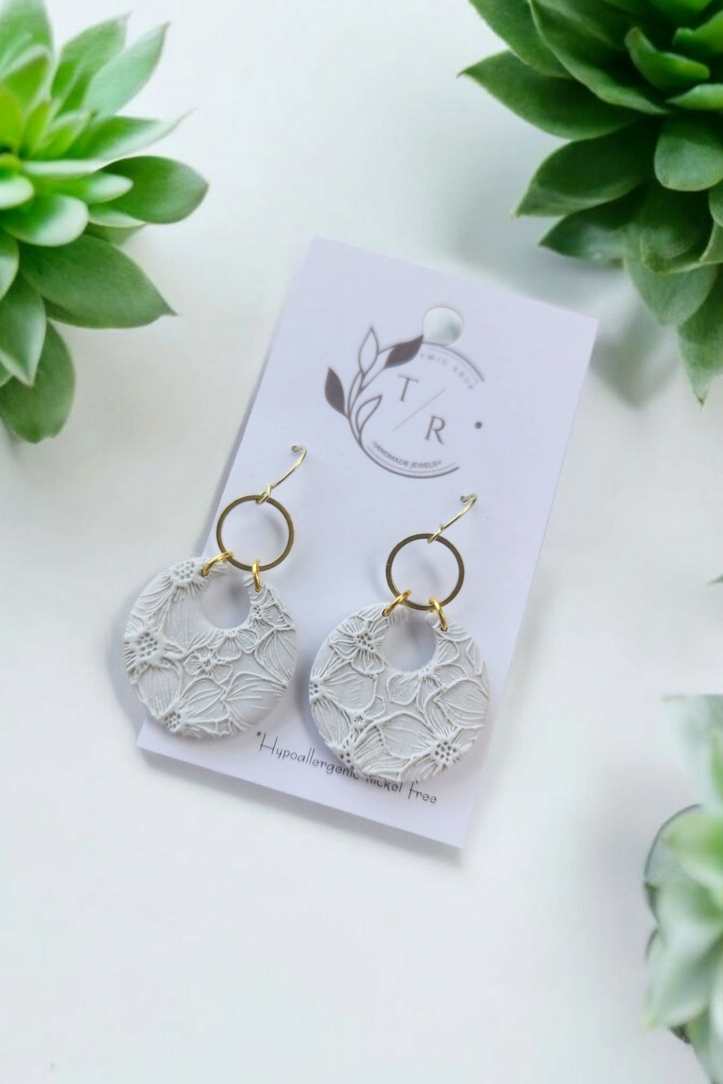 Floral Bella| Embossed clay hoops