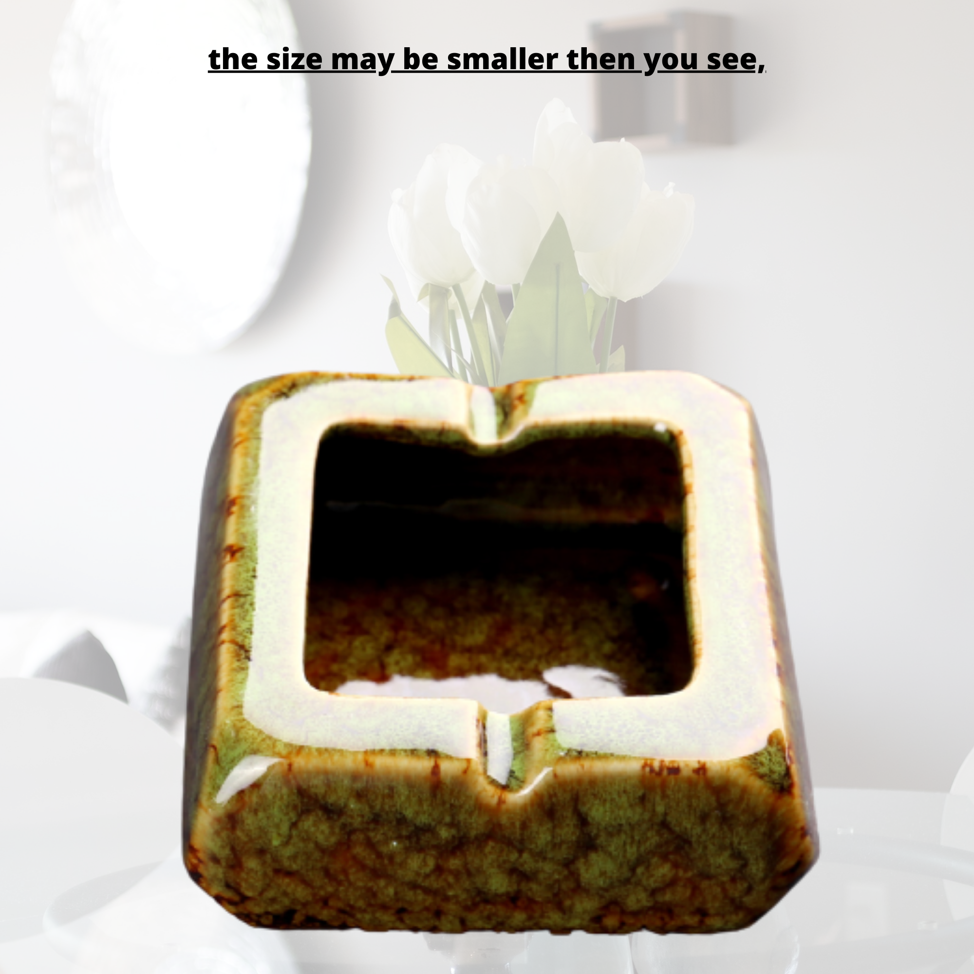 Square Glossy Ceramic Ashtray + Flameless Lighter (GREENISH)